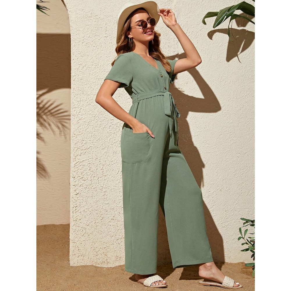 Maternity Pocket Side Roll Up Sleeve Belted Jumpsuit green